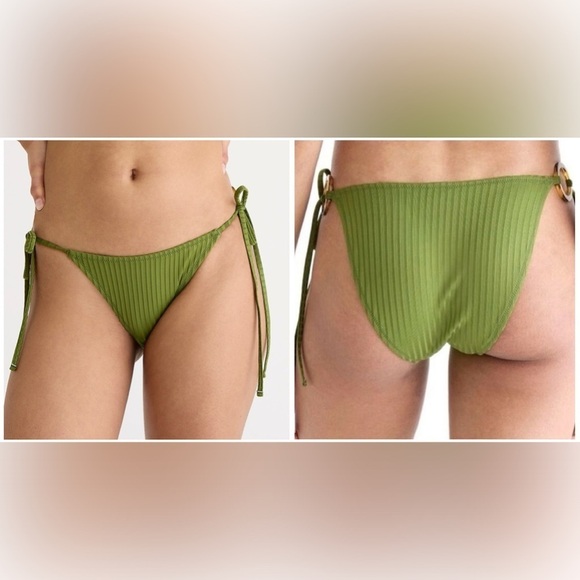 NWT J. Crew Green Wide-Rib Curved-Waist Cheeky String Bikini Bottom w/ Rings, L - Picture 1 of 14
